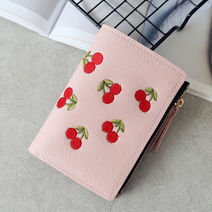 Fashion Women Girls Short Wallet Small PU Leather Cherry Embroidery Coin Purse Card Holders Lady Girl Mini Money Bag
