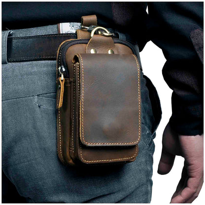 Real Leather men Casual Design Small Waist Bag Cowhide Fashion Hook Bum Bag Waist Belt Pack Cigarette Case 5.5&quot; Phone Pouch 1609