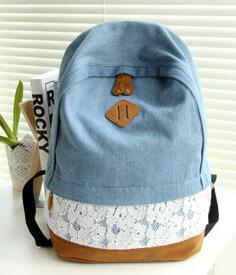 1pcs/lot Floral Lace +Denim Canvas Women Bag Backpack School bag For Teenagers Ladies Girl Schoolbag Bagpack