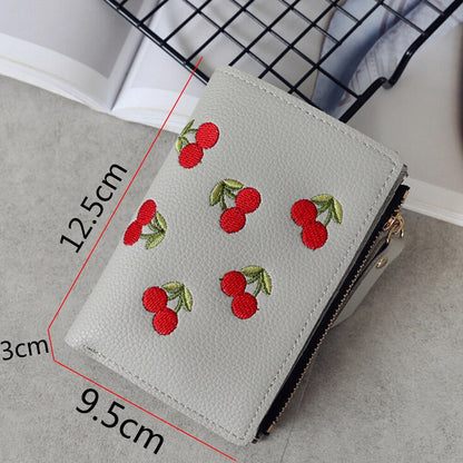Fashion Women Girls Short Wallet Small PU Leather Cherry Embroidery Coin Purse Card Holders Lady Girl Mini Money Bag