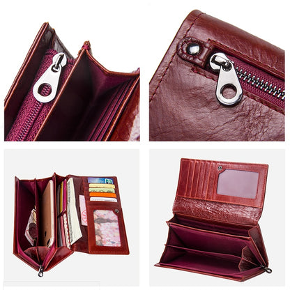 Contact&#39;s Genuine Leather Women Long Purse Female Clutches Money Wallets Brand Design Handbag for Cell Phone Card Holder Wallet