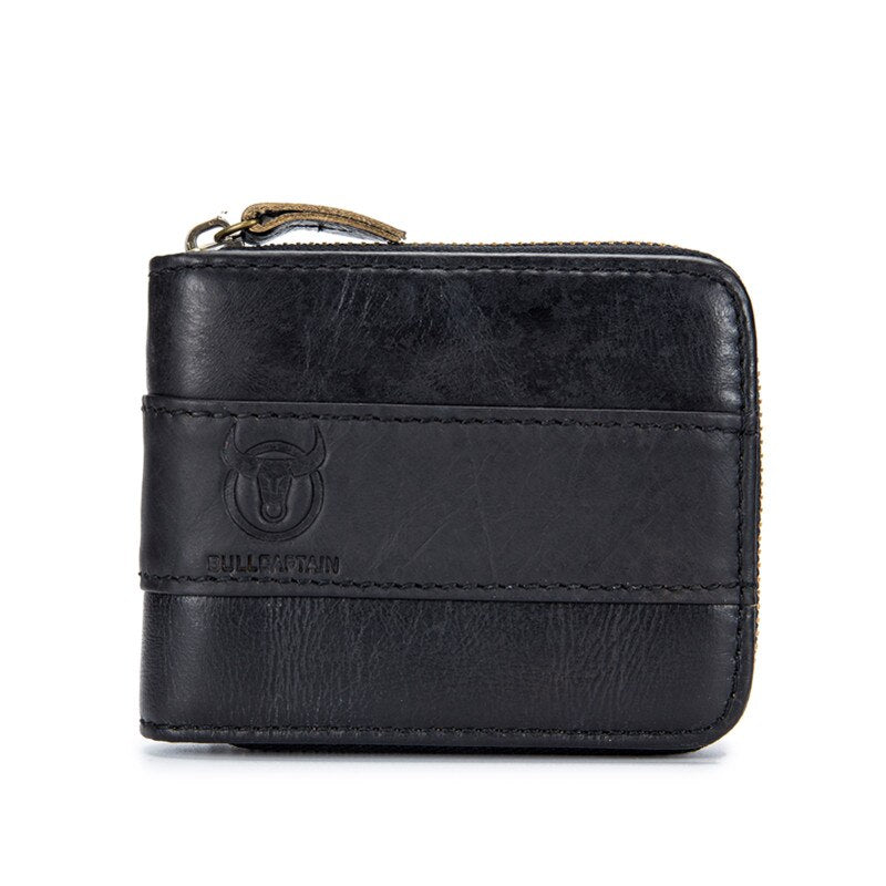 BULLCAPTAIN RFID Men Wallets Credit Card Holders Genuine Leather Double Zipper Cowhide Leather Wallet Purse Carteria Button