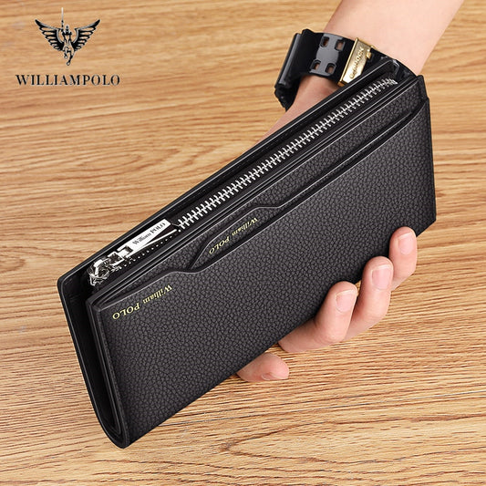 WilliamPOLO Male Genuine Leather Wallets Men Wallet Credit Business Card Holders Fashion Mobile Phone Bag  zipper Purse Handbag