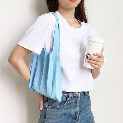 Knitting Pleated Bags Patchwork Drawstring Shopping Bags Girls Casual Weave Shoulder Bag Korean Japanese Chic Small Handbag