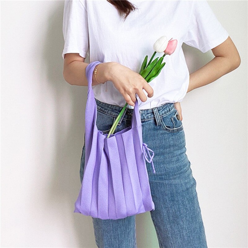 Knitting Pleated Bags Patchwork Drawstring Shopping Bags Girls Casual Weave Shoulder Bag Korean Japanese Chic Small Handbag