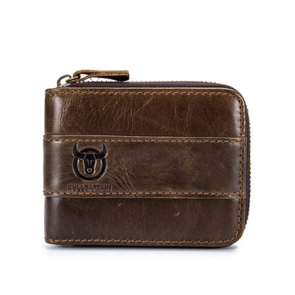 BULLCAPTAIN RFID Men Wallets Credit Card Holders Genuine Leather Double Zipper Cowhide Leather Wallet Purse Carteria Button