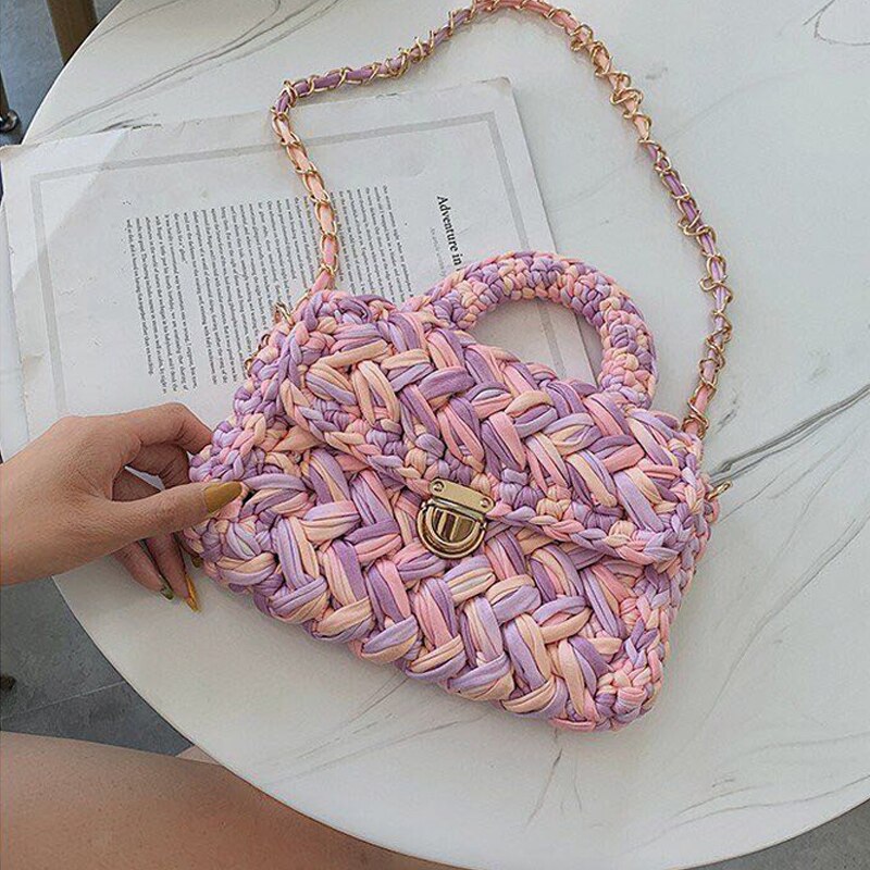 Casual Solid Hand-woven Women Handbags Cotton Crochet Handmade Women Shoulder Messenger Bag Chian Females Totes Ladies Hand Bags
