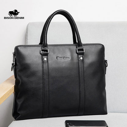 BISON DENIM Genuine Leather Men Handbags Casual Laptop Bag Male Business Messenger Bags Men&#39;s Crossbody Shoulder Bag N20082-3B