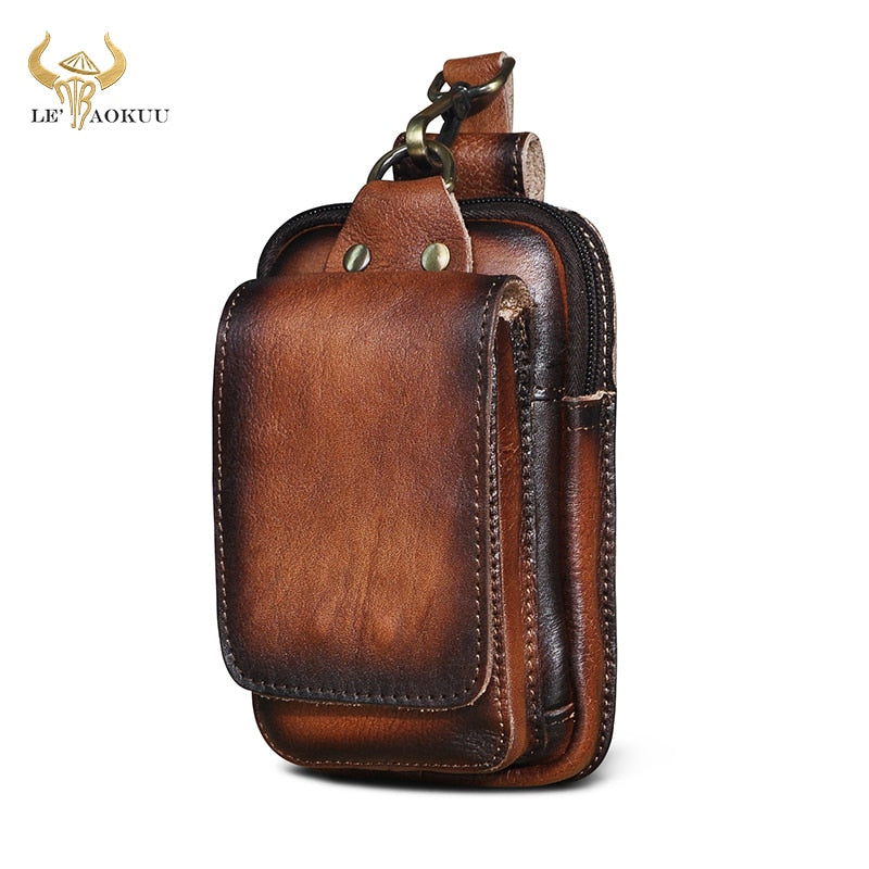 Real Leather men Casual Design Small Waist Bag Cowhide Fashion Hook Bum Bag Waist Belt Pack Cigarette Case 5.5&quot; Phone Pouch 1609