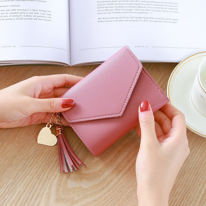 Korean Short Wallet Female Spring New Mini Tassel Pendant Thin Wallet Card Holder Small Fresh Student Buckle Coin Purse