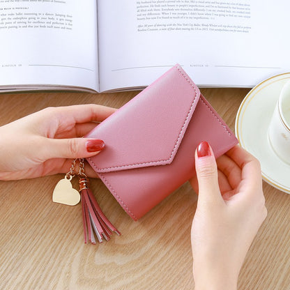 Korean Short Wallet Female Spring New Mini Tassel Pendant Thin Wallet Card Holder Small Fresh Student Buckle Coin Purse