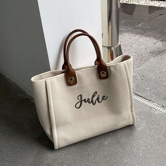 Personalized Embroidery Tote Canvas Women Bag Custom Name White Portable Handbag Simple Versatile Large Capacity Bag Shoper bag