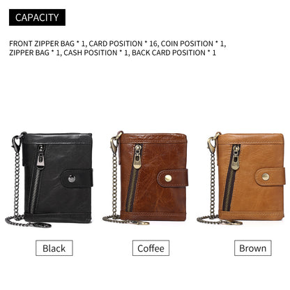 Leather Men Wallet with Anti-Theft Chain,Genuine Leather RFID Bifold Wallets Multifunctional Card Holder Minimalist Purse Zipper