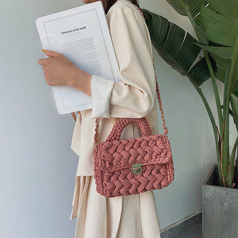 Casual Solid Hand-woven Women Handbags Cotton Crochet Handmade Women Shoulder Messenger Bag Chian Females Totes Ladies Hand Bags