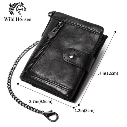 Leather Men Wallet with Anti-Theft Chain,Genuine Leather RFID Bifold Wallets Multifunctional Card Holder Minimalist Purse Zipper