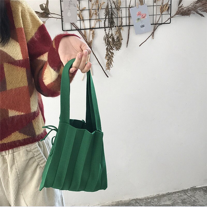 Knitting Pleated Bags Patchwork Drawstring Shopping Bags Girls Casual Weave Shoulder Bag Korean Japanese Chic Small Handbag