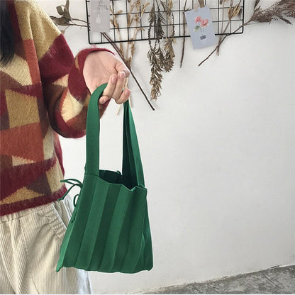 Knitting Pleated Bags Patchwork Drawstring Shopping Bags Girls Casual Weave Shoulder Bag Korean Japanese Chic Small Handbag