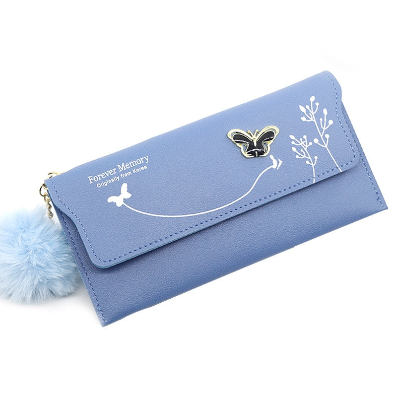 Fashionable New Women Long Wallets Pure Color Wool Ball Bow Clutch Bag Women&#39;s Long Bag Card Bag Coin Purse