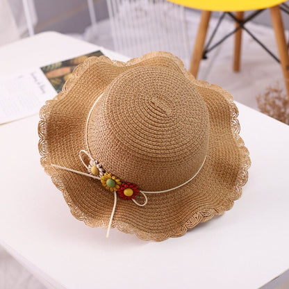 Kids Girls Large Wide Brim Straw Woven Sun Protection Beach Hat Colorful Flowers Summer Floppy Bucket Cap Portable Mini Handbag