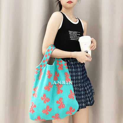 Female Clash Color Wrist Bags Jacquard Bee Animal Woolen Knitted Shoulder Casual Vintage Chic Big Capacity Totes Handbag Ladies