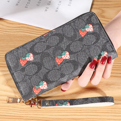 Strawberry Print Wrist Wallets Zipper Coin Long Purse Handbag Women Clutch PU Leather Moneybag Billfold Phone Card Holder Wallet