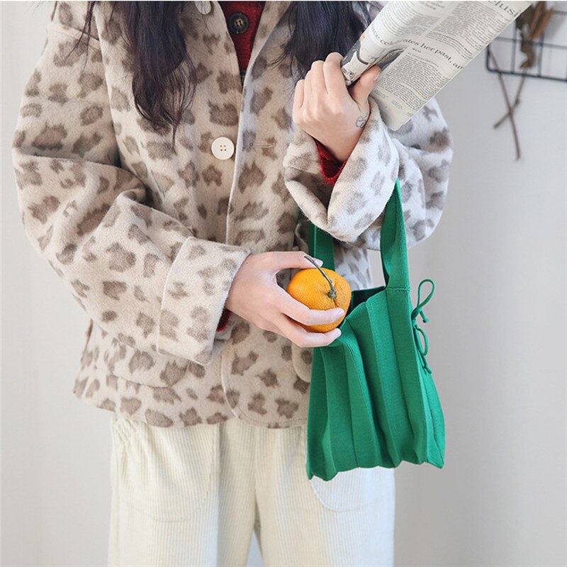 Knitting Pleated Bags Patchwork Drawstring Shopping Bags Girls Casual Weave Shoulder Bag Korean Japanese Chic Small Handbag