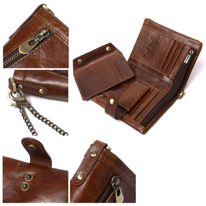 Leather Men Wallet with Anti-Theft Chain,Genuine Leather RFID Bifold Wallets Multifunctional Card Holder Minimalist Purse Zipper