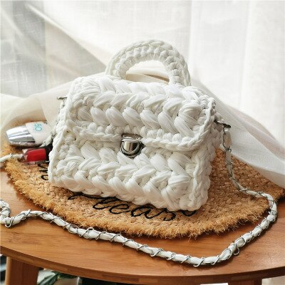 Casual Solid Hand-woven Women Handbags Cotton Crochet Handmade Women Shoulder Messenger Bag Chian Females Totes Ladies Hand Bags