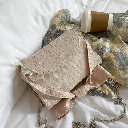 Elegant Fashion Women Shoulder Bags Lace Design Bow Chains Sweet Handbags Retro Flaps Crossbody Bag Trendy Lady Mesh Ruffles Ins