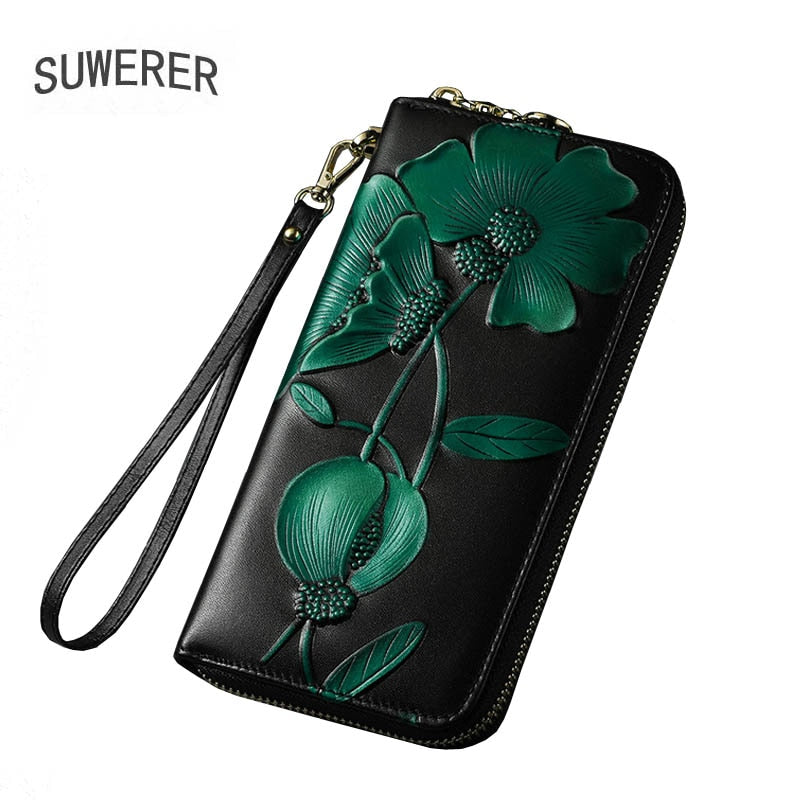 SUWERER NEW Women Genuine Cowhide Leather Bags Women Wallet Fashion Embossing Clutch bag Luxury Women Bag