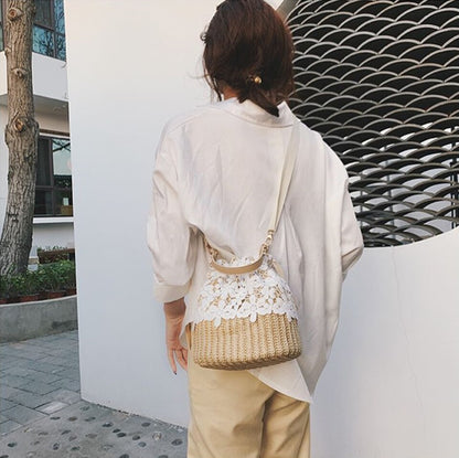 Summer Lace Woven Shoulder Fashion Bucket Women&#39;S Bag