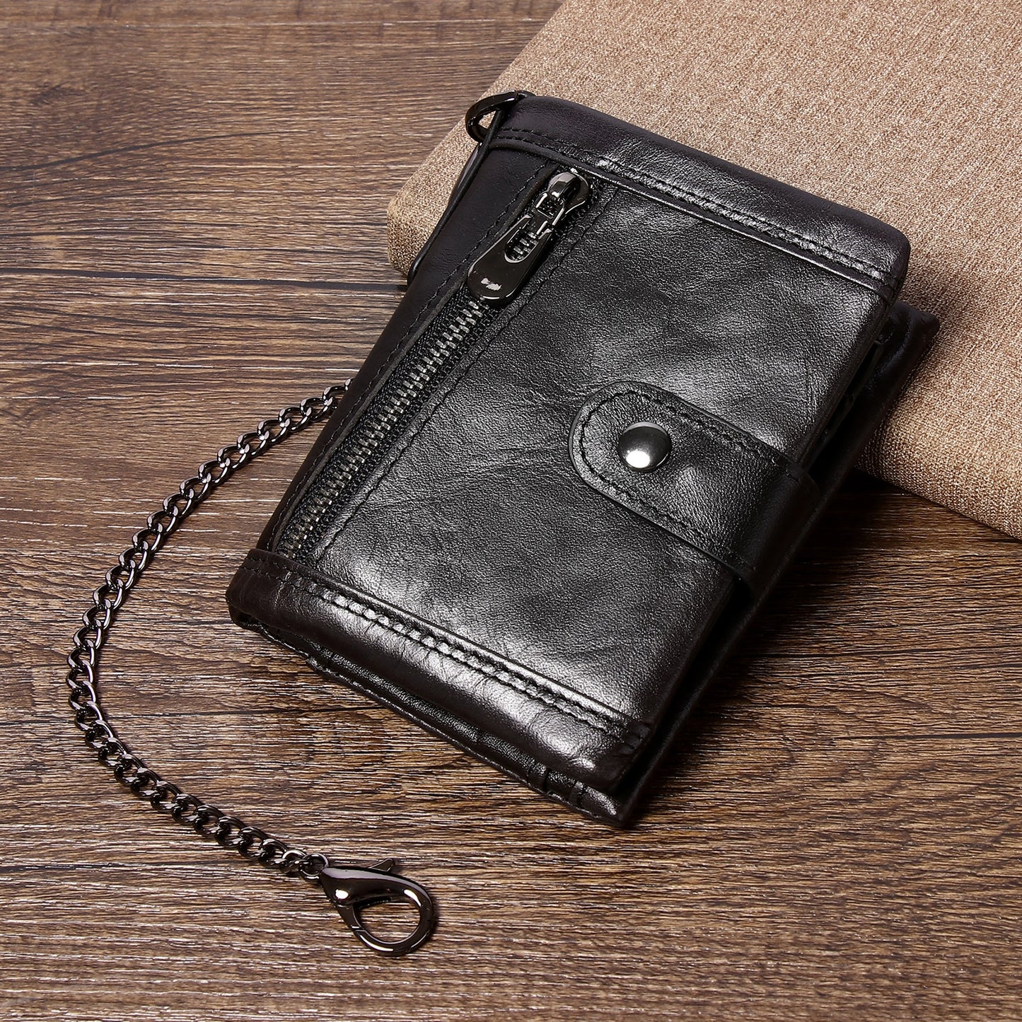 Leather Men Wallet with Anti-Theft Chain,Genuine Leather RFID Bifold Wallets Multifunctional Card Holder Minimalist Purse Zipper