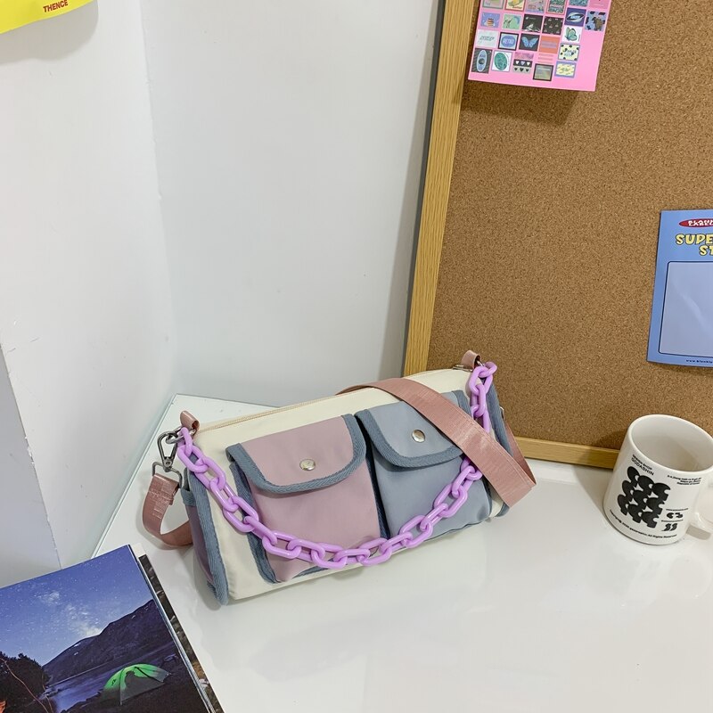Kawaii Contrast Color Women Bag Fashion Double Pocket Chain Lady&#39;s Bag Female Leisure Shoulder Bag Cute messenger Bags Small