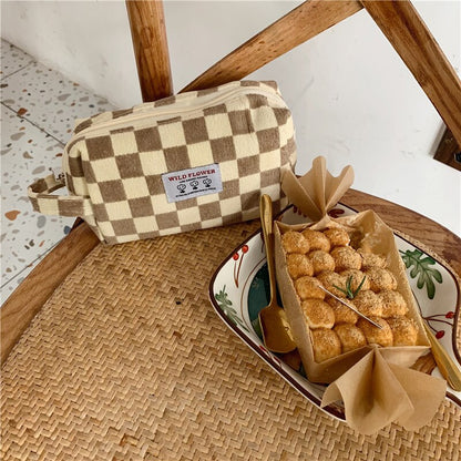 Korean Fashion Pencil Case Corduroy Plaid&Flowers Makeup Bag Lipsticks Bag Women Neceser Small Cosmetic Bag Beauty Organizer Bag