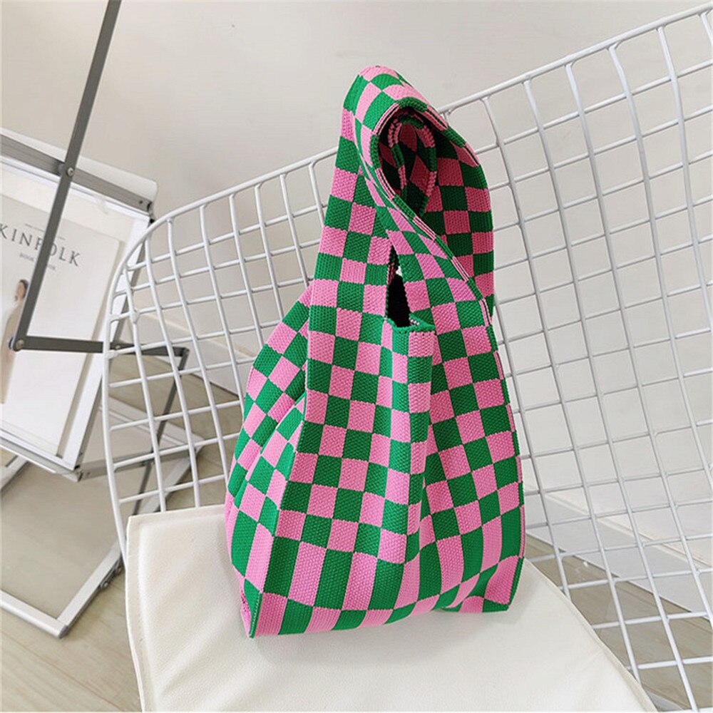 Women Knitted Checkerboard Shoulder Bags Korean Ins Woolen Plaid Cosmetic Handbag Totes For Females Fashion Daily Shopping Bag