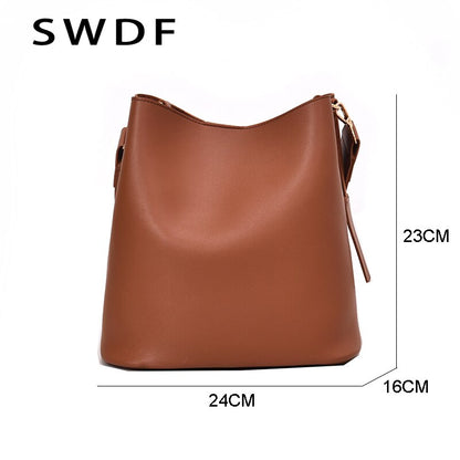 Casual Wide Strap Buckets Bag Designer Women Shoulder Bags Luxury Pu Crossbody Bag Large Capacity Messenger Bag Simply Purses