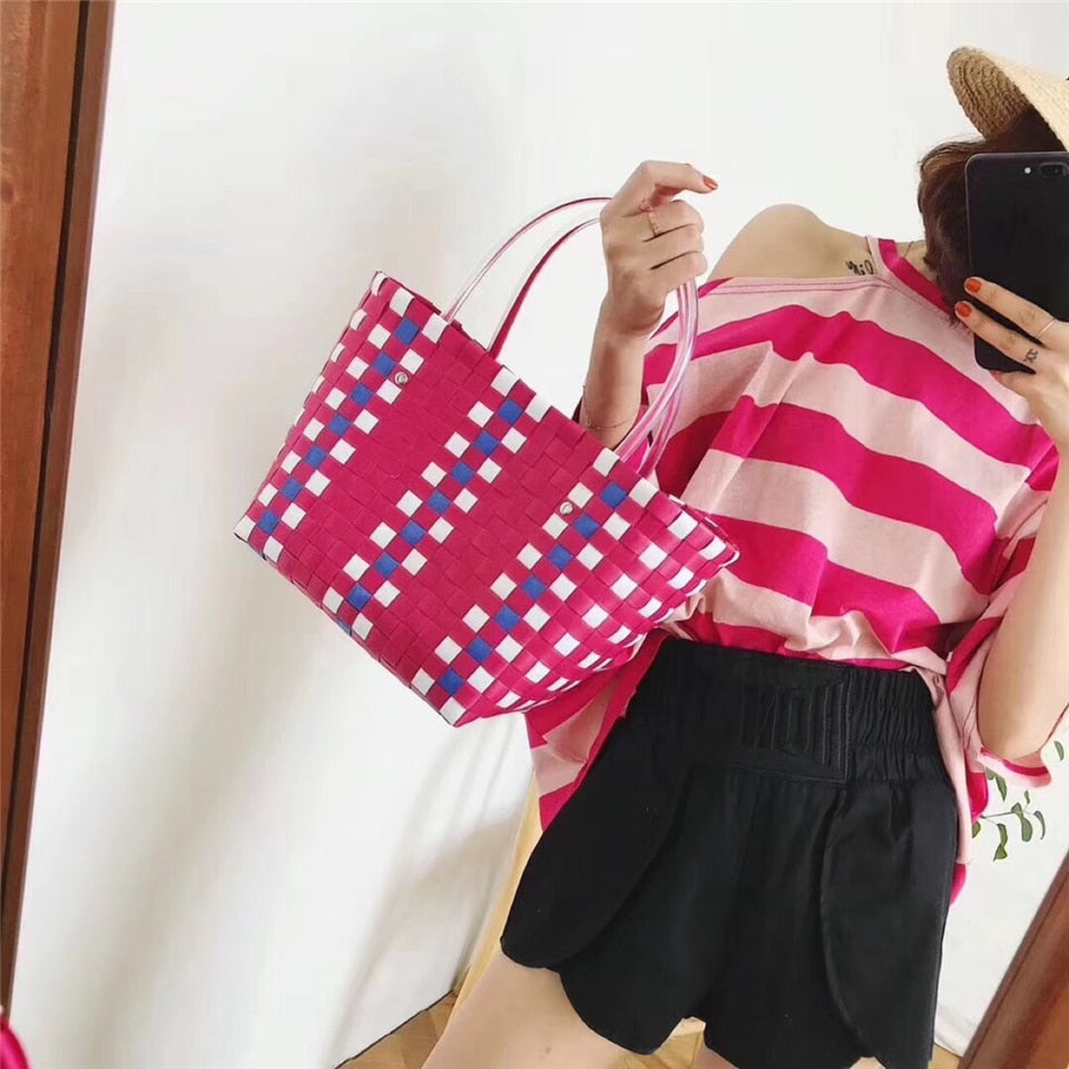 Luxury Designer Brand Logo Bag for Woman Charity Edition Shopping Tote Design Handbags Summer Beach Hand Woven Plaid Basket