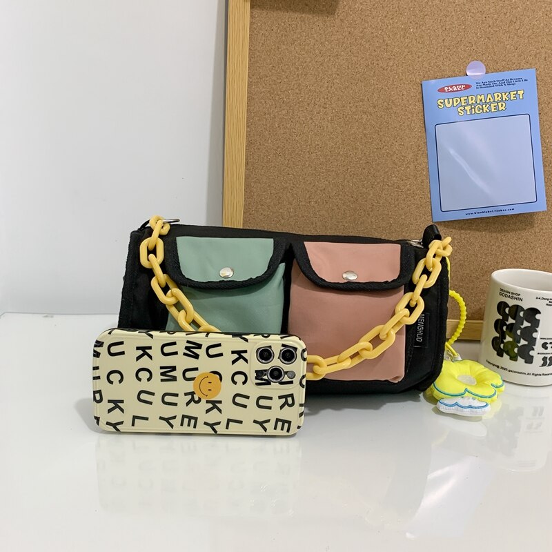 Kawaii Contrast Color Women Bag Fashion Double Pocket Chain Lady&#39;s Bag Female Leisure Shoulder Bag Cute messenger Bags Small