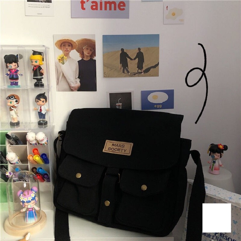 japanese Kawaii casual Harajuku women shoulder bag Zip up large capacity Fashion school bag Vintage Y2k Couple Women Canvas bag