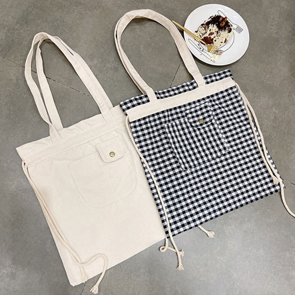 Shopping Bags Women Plaid Drawstring Casual Adjustable Large Capacity Cute Literary Students Shopper Canvas Simple Shoulder Bag
