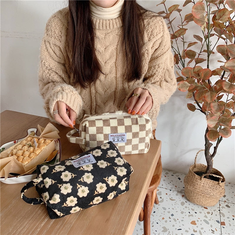 Korean Fashion Pencil Case Corduroy Plaid&Flowers Makeup Bag Lipsticks Bag Women Neceser Small Cosmetic Bag Beauty Organizer Bag