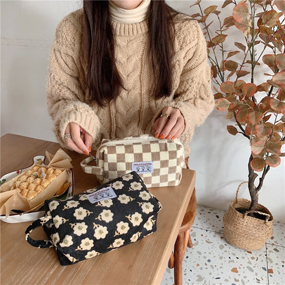 Korean Fashion Pencil Case Corduroy Plaid&Flowers Makeup Bag Lipsticks Bag Women Neceser Small Cosmetic Bag Beauty Organizer Bag