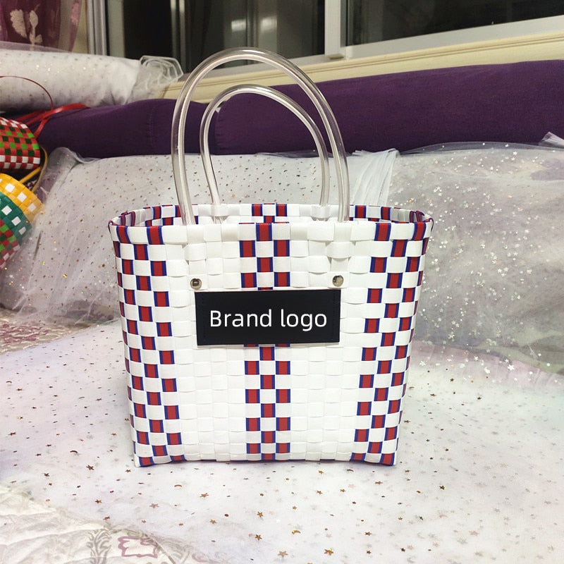 Luxury Designer Brand Logo Bag for Woman Charity Edition Shopping Tote Design Handbags Summer Beach Hand Woven Plaid Basket
