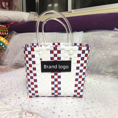 Luxury Designer Brand Logo Bag for Woman Charity Edition Shopping Tote Design Handbags Summer Beach Hand Woven Plaid Basket