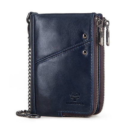 RFID Blocking Men&#39;s Wallets With Chain High Quality Cowhide Zipper Coin Pocket Card Holder Anti-Theft Chain Clutch Money Bag