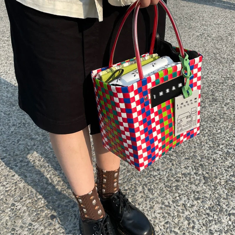 Luxury Designer Brand Logo Bag for Woman Charity Edition Shopping Tote Design Handbags Summer Beach Hand Woven Plaid Basket