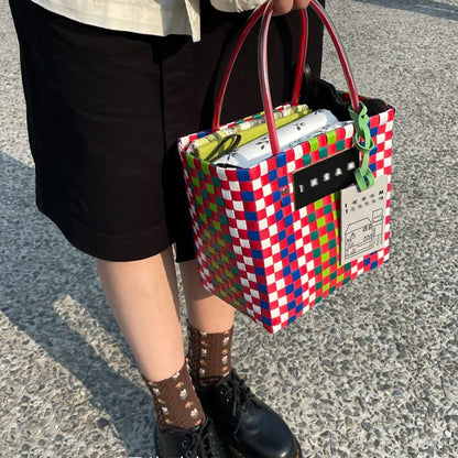 Luxury Designer Brand Logo Bag for Woman Charity Edition Shopping Tote Design Handbags Summer Beach Hand Woven Plaid Basket