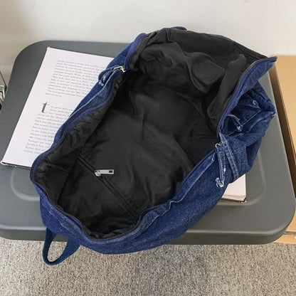 Female Casual Denim Big Capacity Backpack Back To School 90s Fashion Y2K Travel Casual Street Cloth Textile Book Laptop Rucksack