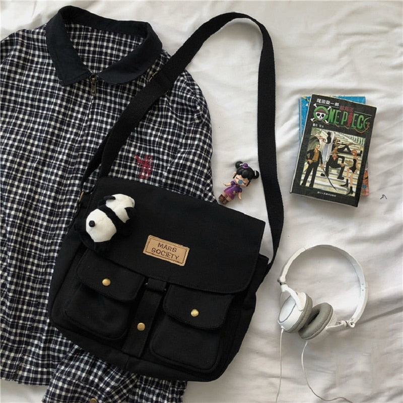 japanese Kawaii casual Harajuku women shoulder bag Zip up large capacity Fashion school bag Vintage Y2k Couple Women Canvas bag