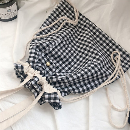 Shopping Bags Women Plaid Drawstring Casual Adjustable Large Capacity Cute Literary Students Shopper Canvas Simple Shoulder Bag